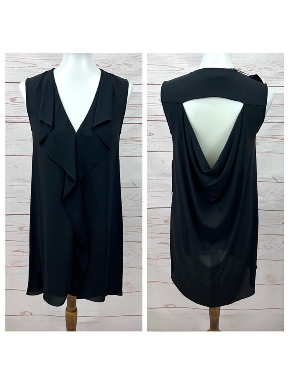 NWT BCBGMaxazria Draped Open Back Ruffle Front Jena Flowy Shift Dress
